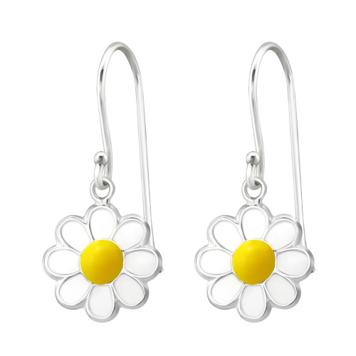 Margaréta virágos gyermek ezüst akasztós fülbevaló, 1 pár, epoxy, fehér, sárga