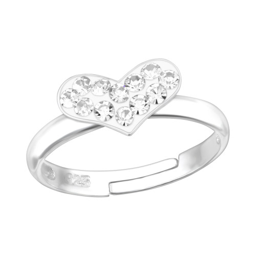 Szíves gyermek ezüst gyűrű, állítható, kristály köves