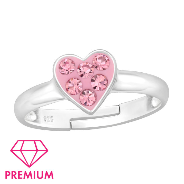 Szív kristályos ezüst prémium gyermek gyűrű, pink színben, állítható