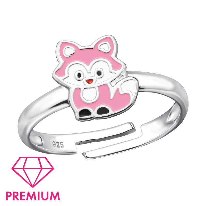 Pink Róka gyermek prémium gyűrű 925 ezüst, epoxy, fekete, lt., fehér, piros