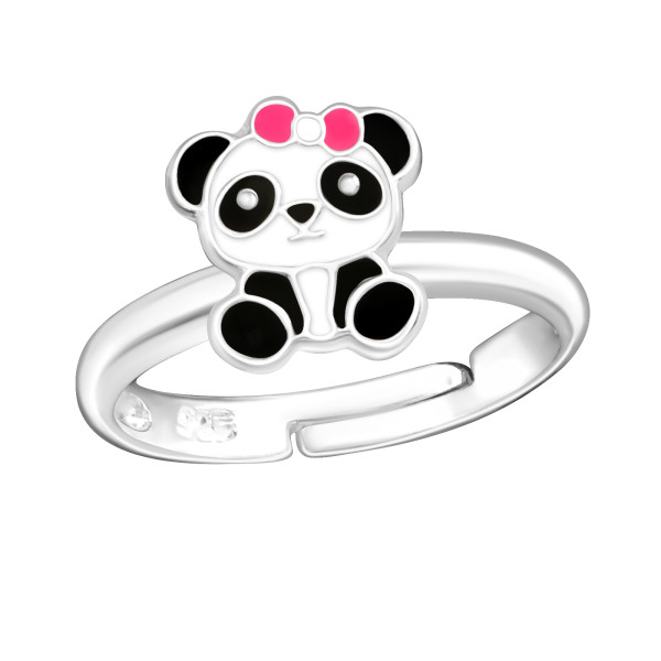 Pandamaci gyermek ezüst gyűrű, állítható, epoxy, fekete, fehér, rózsaszín