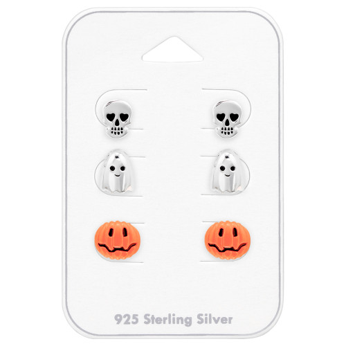 Halloweeni Szett gyermek bedugós fülbevaló kártyán 925 ezüst - 3 pár