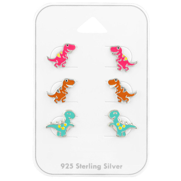 Dinoszauruszos gyermek ékszer szett, 925 ezüst, epoxy, sokszínű, világos rózsaszín, fekete, sárga, világoskék, fehér, szürke, , barna