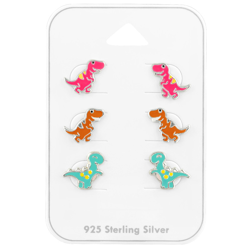 Dinoszauruszos gyermek ékszer szett, 925 ezüst, epoxy, sokszínű, világos rózsaszín, fekete, sárga, világoskék, fehér, szürke, , barna
