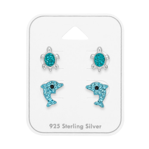 Tengeri gyerek ékszer szett, 925 ezüst - 2 pár fülbevaló, kristály köves