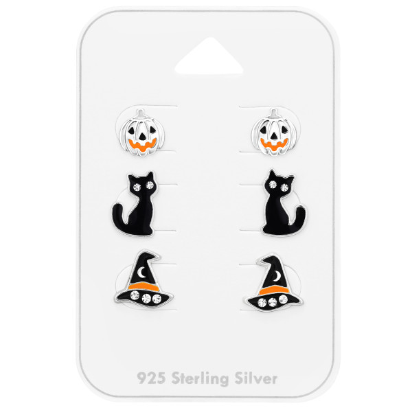 Halloweeni tök, macska, boszorkány kalap gyerek fülbevaló szett, 925 ezüst, 3 pár , epoxy, fekete, narancs, kristály köves
