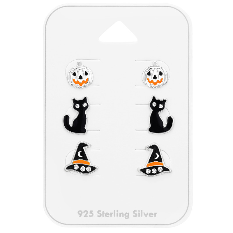 Halloweeni tök, macska, boszorkány kalap gyerek fülbevaló szett, 925 ezüst, 3 pár , epoxy, fekete, narancs, kristály köves