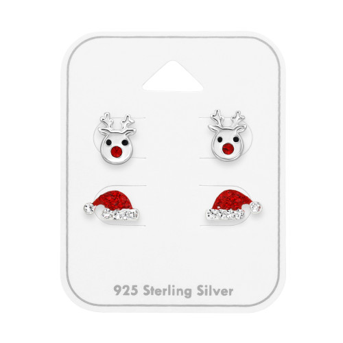 Karácsonyi gyerek ékszer szett, 925 ezüst - 2 pár fülbevaló, epoxy, fekete, kristály köves