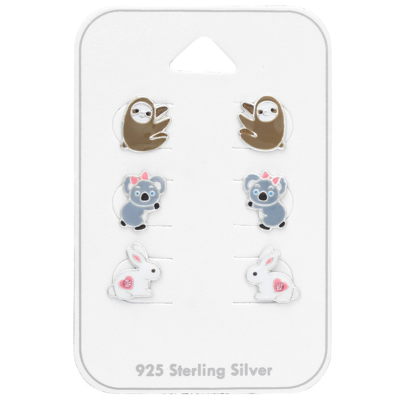 Lajhár panda nyuszi gyermek ékszer szett, 925 ezüst, epoxy, rózsaszín, fekete, világoskék, szürke, fehér, barna, kristály köves