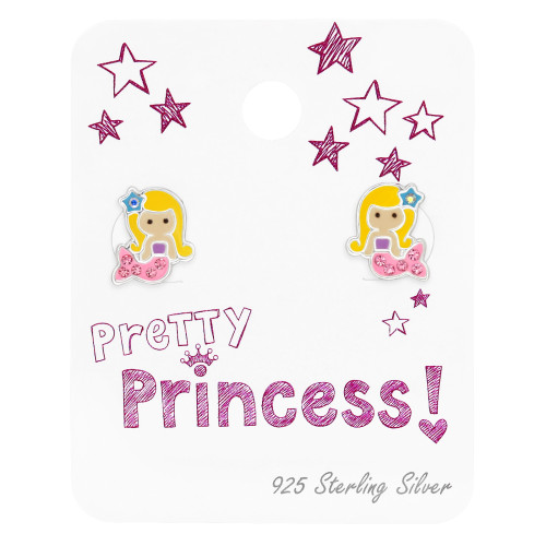 Sellő gyermek bedugós fülbevaló kártyán 925 ezüst - 1 pár, epoxy, lila, fekete, rózsaszín, világos barna, sárga, világoskék, kristály köves