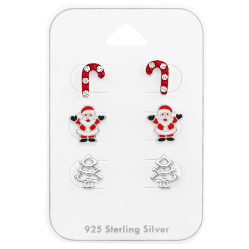 Nyalóka télapó fenyőfa gyermek ékszer szett, 925 ezüst, epoxy, fekete, fehér, piros, kristály köves