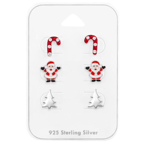 Karácsonyi Szett gyermek bedugós fülbevaló kártyán 925 ezüst - 3 pár, epoxy, fekete, fehér, piros, kristály köves
