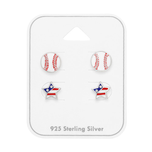 USA sport baseball gyerek ékszer szett, 925 ezüst - 2 pár fülbevaló, epoxy, kék, fehér, piros, kristály köves
