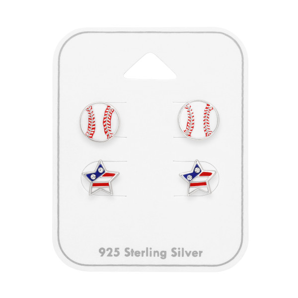 USA sport baseball gyerek ékszer szett, 925 ezüst - 2 pár fülbevaló, epoxy, kék, fehér, piros, kristály köves