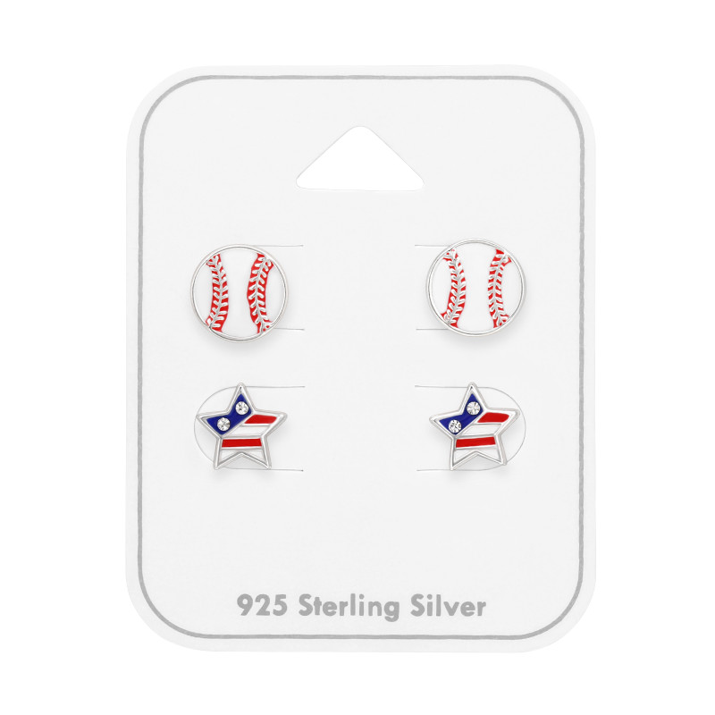 USA sport baseball gyerek ékszer szett, 925 ezüst - 2 pár fülbevaló, epoxy, kék, fehér, piros, kristály köves