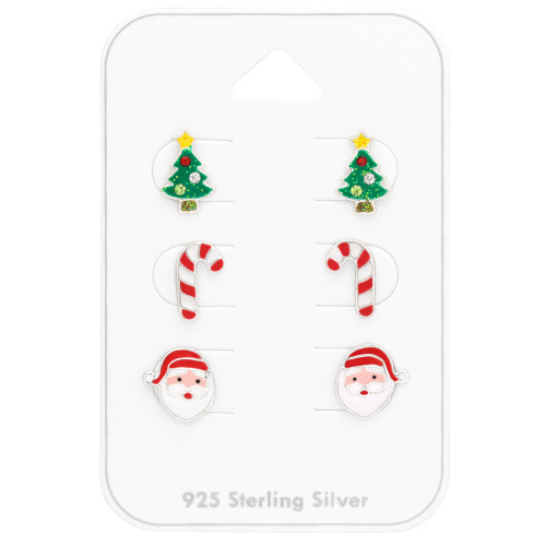 Karácsonyi mikulás fenyőfal gyermek ékszer szett, 925 ezüst, epoxy, barna csillogás, fekete, fehér, zöld csillogás, piros, sárga , világos rózsaszín, kristály köves