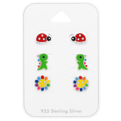 Színes virág, dinoszaurusz, katica gyerek fülbevaló szett, 925 ezüst, 3 pár , epoxy, fekete, sokszínű, piros, világos zöld, kristály köves