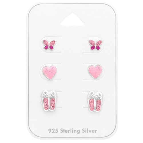 Pillangó szív balettcipő gyermek ékszer szett, 925 ezüst, epoxy, light rózsaszín, kristály köves