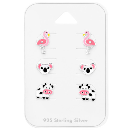 Tehén, koalamackó, flamingó gyerek fülbevaló szett, 925 ezüst, 3 pár , epoxy, light rózsaszín, fekete, világos pasztell, sárga, fehér, kristály köves