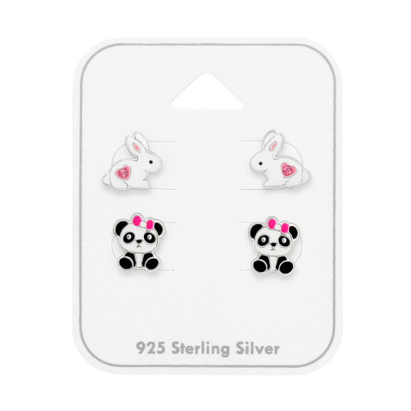 Panda, nyuszi gyerek ékszer szett, 925 ezüst - 2 pár fülbevaló, epoxy, fekete, fehér, rózsaszín, kristály köves
