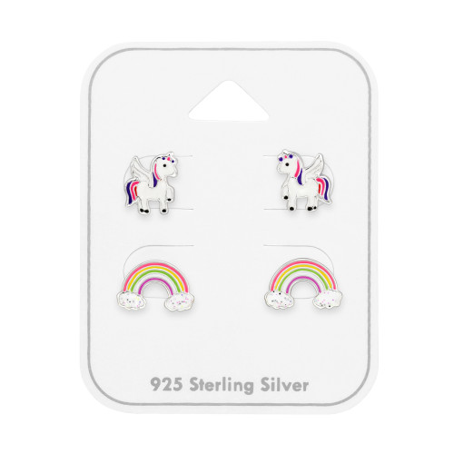 Szivárvány unikornis gyerek ékszer szett, 925 ezüst - 2 pár fülbevaló, epoxy, fehér csillogó, rózsaszín, fekete, , világos zöld, piros, világoskék, sárga, lila, sötét rózsaszín