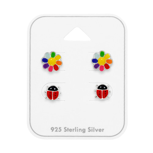 Virág és Katica gyerek ékszer szett, 925 ezüst - 2 pár fülbevaló, epoxy, dk.blue, rózsaszín, fekete, sárga, narancs, piros, zöld, sokszínű, lila, kék