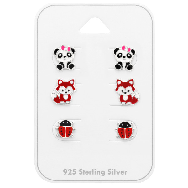 Panda, Róka, Katica Szett gyermek bedugós fülbevaló kártyán 925 ezüst - 3 pár, epoxy, fekete, fehér, piros, rózsaszín
