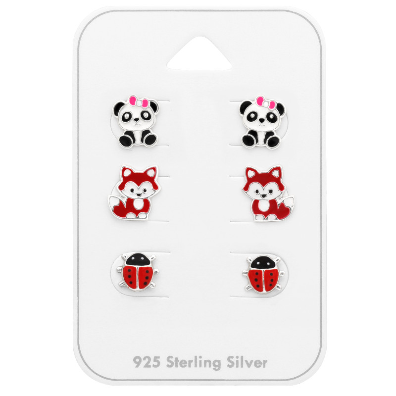 Panda, Róka, Katica Szett gyermek bedugós fülbevaló kártyán 925 ezüst - 3 pár, epoxy, fekete, fehér, piros, rózsaszín