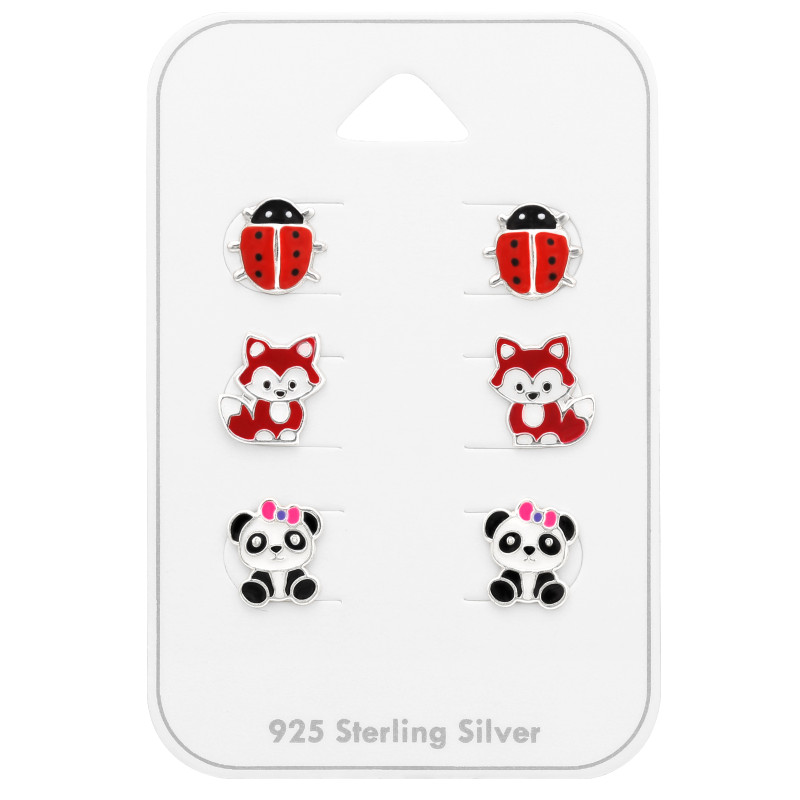 Katica róka panda gyermek ékszer szett, 925 ezüst, epoxy, fehér, fekete, piros, rózsaszín, sötét lila