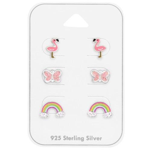 Flamingó, Pillangó Szivárvány Szett gyermek bedugós fülbevaló kártyán 925 ezüst - 3 pár, epoxy, piros, fekete, lila, sárga, rózsaszín, fehér, barna