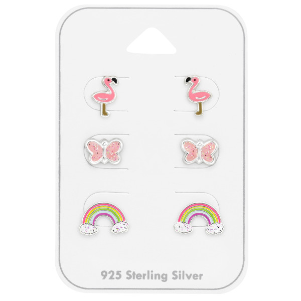Flamingó, Pillangó Szivárvány Szett gyermek bedugós fülbevaló kártyán 925 ezüst - 3 pár, epoxy, piros, fekete, lila, sárga, rózsaszín, fehér, barna