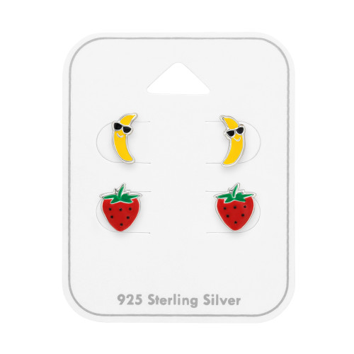 Gyümölcsös gyerek ékszer szett, 925 ezüst - 2 pár fülbevaló, epoxy, fekete, sárga, piros, zöld