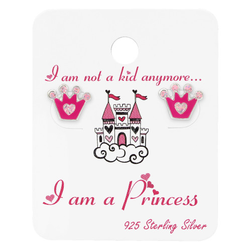 Korona gyermek bedugós fülbevaló kártyán 925 ezüst - 1 pár, epoxy, sötét rózsaszín, világos csillogás