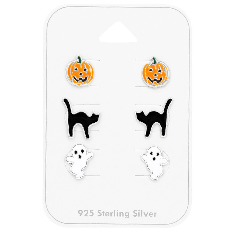 Halloweeni macska, tök, szellem gyerek fülbevaló szett, 925 ezüst, 3 pár , epoxy, fekete, fehér, narancs, zöld