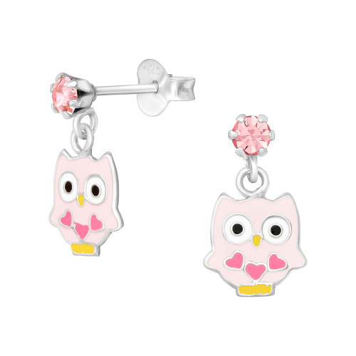 Baglyos gyermek ezüst kristály fülbevaló, 1 pár, epoxy, sárga, fekete, fehér, rózsaszín, világos