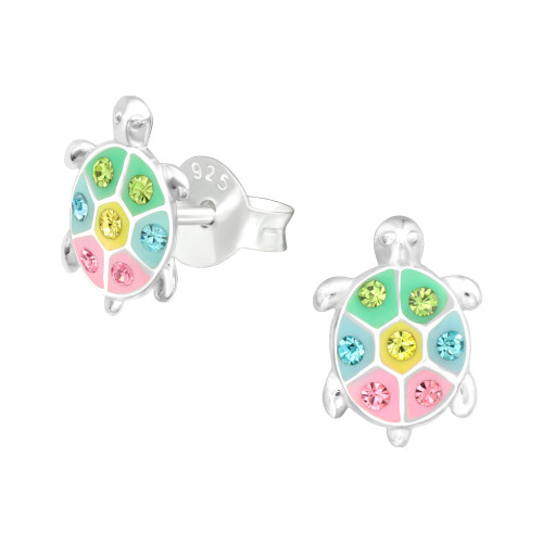 Teknős gyermek ezüst kristály fülbevaló, 1 pár, epoxy, sokszínű, világos zöld, világoskék pasztell, világos sárga pasztell, rózsaszín pasztell