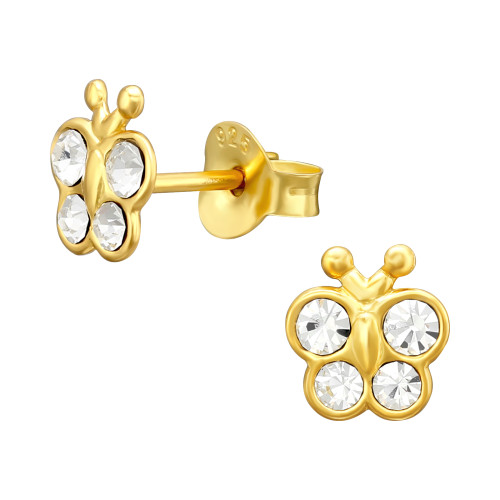 Pillangó gyermek ezüst kristály fülbevaló, 1 pár, 24k arany bevonat