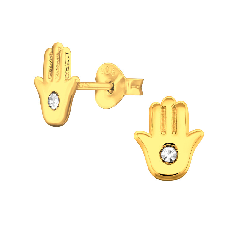 Hamsa kéz gyermek ezüst kristály fülbevaló, 1 pár, 24k arany bevonat Hamsa kéz gyermek ezüst kristály fülbevaló, 1 pár, 24k arany bevonat