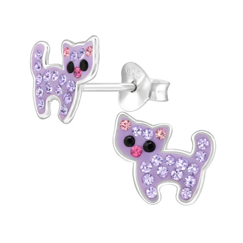 Lila cica gyermek bedugós fülbevaló 925 ezüst - 1 pár, kristály köves