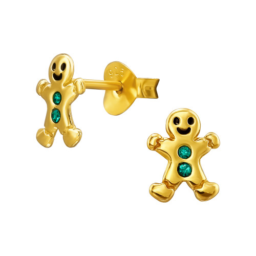 Süti emberke aranyozott gyermek bedugós fülbevaló 925 ezüst - 1 pár, epoxy, 24k arany bevonat, fekete, kristály köves