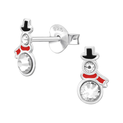 Hóember ezüst gyerek fülbevaló, epoxy, fekete, piros, kristály köves