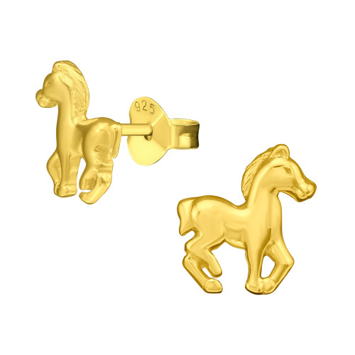 Ló egyszerű ezüst gyermek fülbevaló,1 pár, 24k arany bevonat