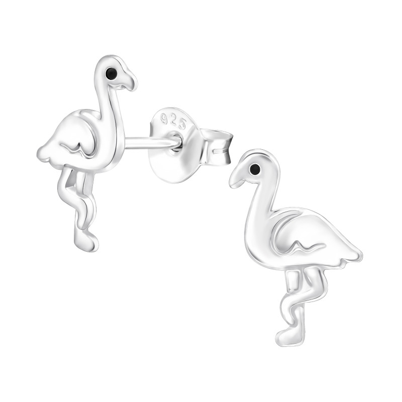 Flamingó egyszerű ezüst gyermek fülbevaló,1 pár, epoxy, fekete