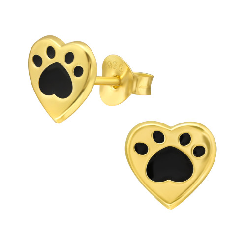Kutya mancs szíves egyszerű ezüst gyermek fülbevaló,1 pár, epoxy, 24k arany bevonat, fekete