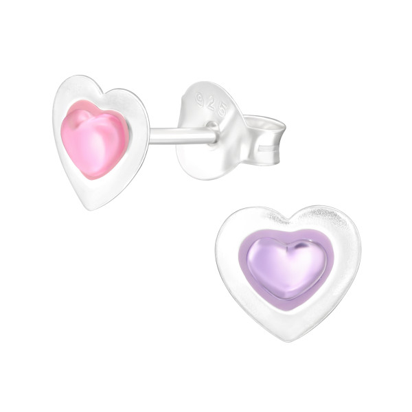Szív egyszerű ezüst gyermek fülbevaló, lila, pink, 1 pár