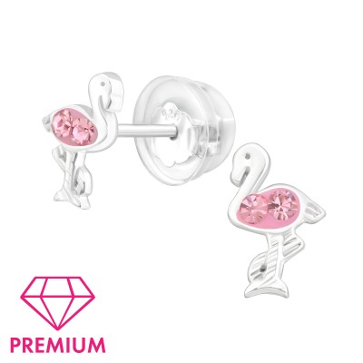 Rózsaszín kristályos flamingós, prémium, ezüst stift fülbevaló - A4S45006