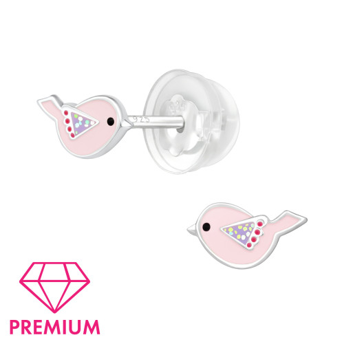Madárka ezüst gyermek fülbevaló, prémium minőség, 1 pár, epoxy, fekete, világos lila, rózsaszín, sötét