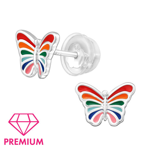 Pillangó ezüst gyermek fülbevaló, prémium minőség, 1 pár, epoxy, piros, zöld, narancs, világos rózsaszín, dk.blue, világoskék