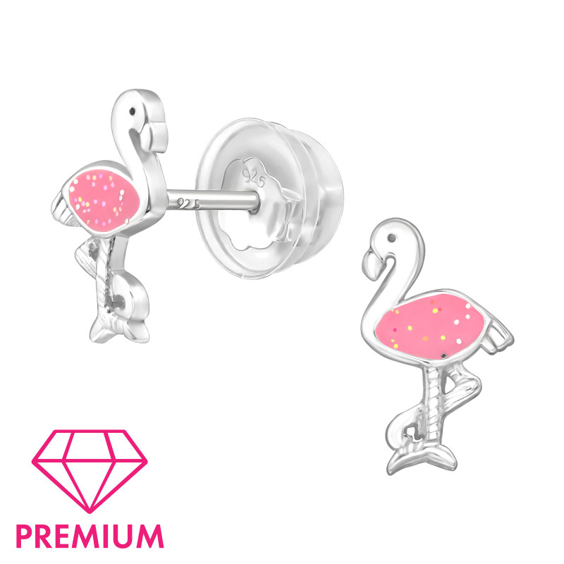 Flamingó csillámos ezüst gyermek fülbevaló, prémium minőség, 1 pár, epoxy