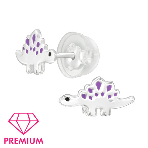 Sztegoszaurusz ezüst gyermek fülbevaló, prémium minőség, 1 pár, epoxy, fekete, lila